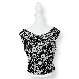 'Cecily Brown' Black and White Beaded Top with Floral Design size Large